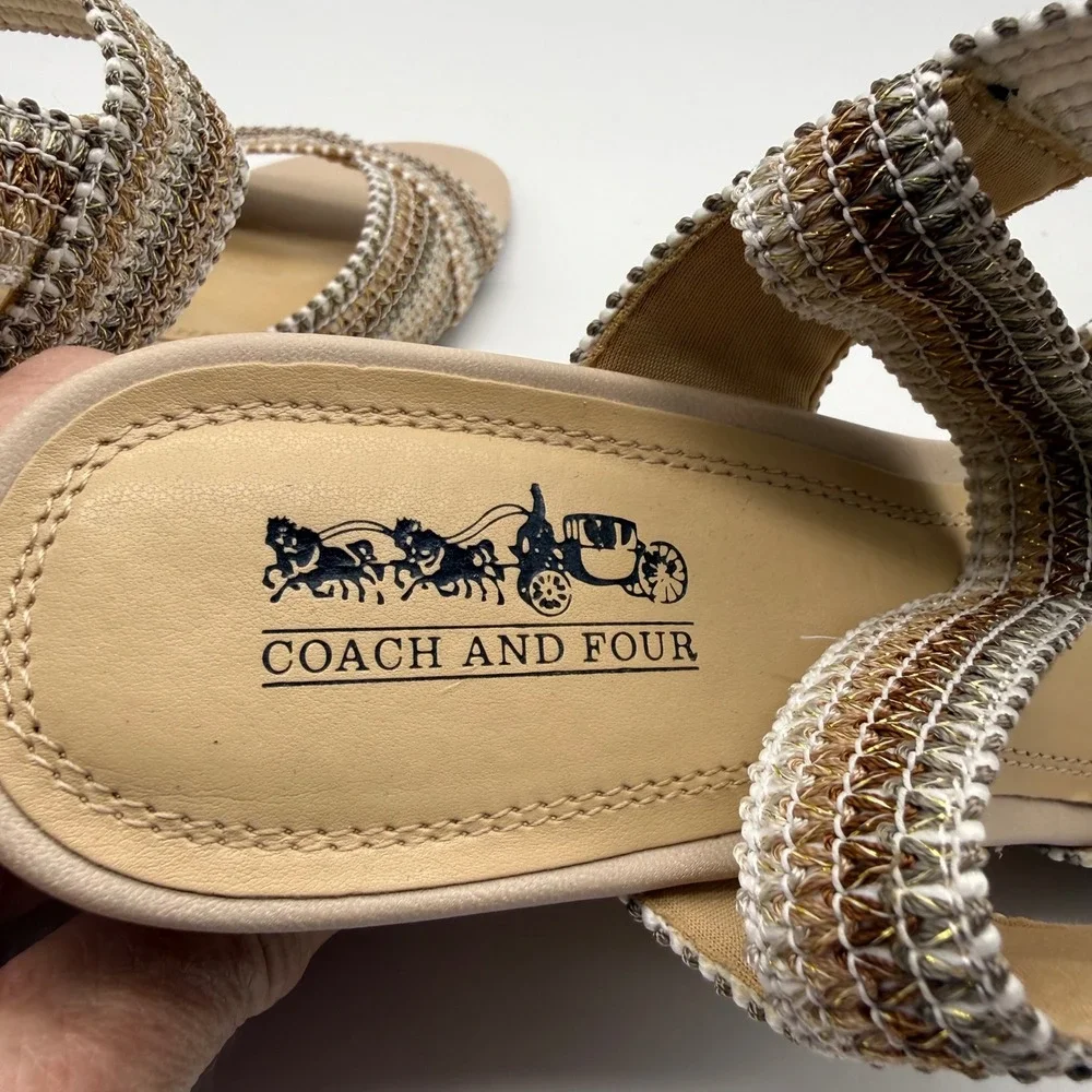 Coach and Four Wedge Sandals Women 10M‎ Gold Silver Bronze Metallic Cork Boho